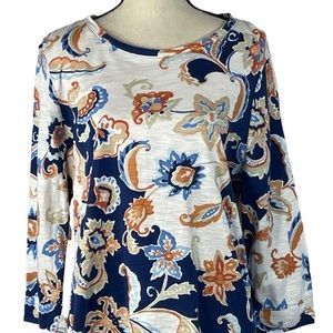 🦊 Chico’s Boho Blue & Rust Floral Long Sleeves Cotton Blend Tunic 2, L, Large,